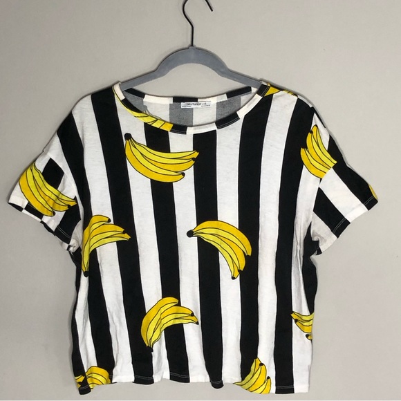 Women’s BANANAS FOR YOU Black and White Block Striped Tee Shirt size M - Picture 1 of 3